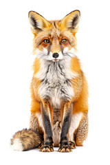 Red fox sitting alertly on white background.