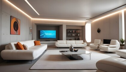 High end modern living room with white leather couch and a large flat screen tv mounted on the wall, brutalist architecture mixed with modern futuristic minimal design