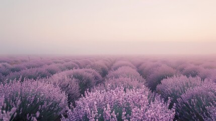 Obraz premium A field of lavender flowers with a hazy, foggy sky in the background