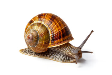 Brown garden snail crawls on white background.