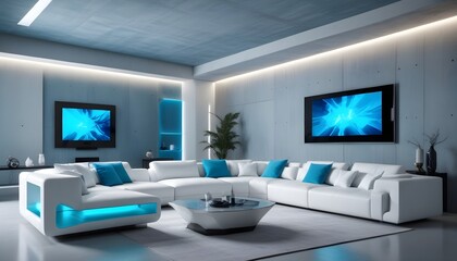 Naklejka premium High end modern living room with white leather couch and a large flat screen tv mounted on the wall, brutalist architecture mixed with modern futuristic minimal design