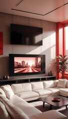 High end modern living room with white leather couch and a large flat screen tv mounted on the wall, brutalist architecture mixed with modern futuristic minimal design