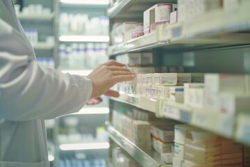 Close up of pharmacy shelf and reaching for medicine for the shelves and pick up product