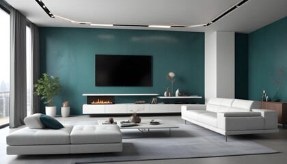 High end modern living room with white leather couch and a large flat screen tv mounted on the wall, brutalist architecture mixed with modern futuristic minimal design