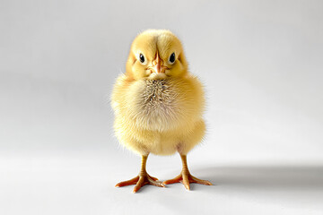 Fototapeta premium A small yellow chick standing on a white background.