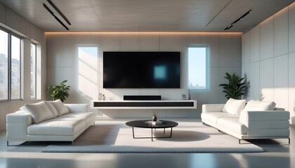 High end modern living room with white leather couch and a large flat screen tv mounted on the wall, brutalist architecture mixed with modern futuristic minimal design