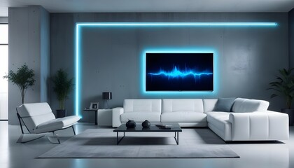 High end modern living room with white leather couch and a large flat screen tv mounted on the wall, brutalist architecture mixed with modern futuristic minimal design