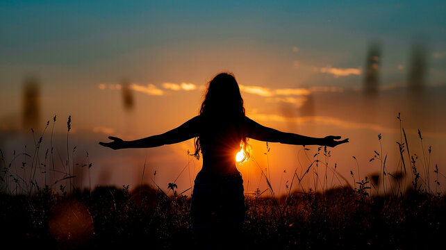 silhouette of happy woman standing with sunset in summer