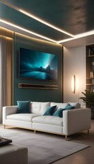 High end modern living room with white leather couch and a large flat screen tv mounted on the wall, brutalist architecture mixed with modern futuristic minimal design