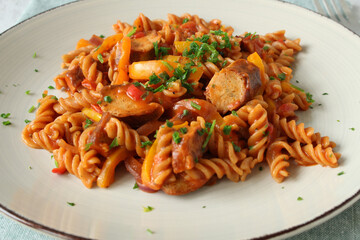 German Sausage Goulash with Whole Wheat Spiral Pasta