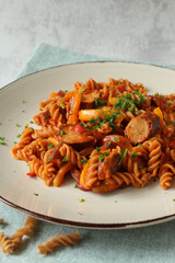 German Sausage Goulash with Whole Wheat Spiral Pasta