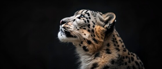 Obraz premium snow leopard's presence is highlighted against the black background, its beauty and grace mesmerizing in the darkness
