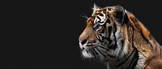Fototapeta premium A tiger's form stands out against the black backdrop, its majestic presence commanding attention