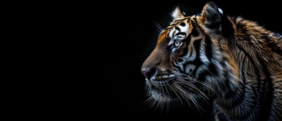 Fototapeta premium A tiger's form stands out against the black backdrop, its majestic presence commanding attention
