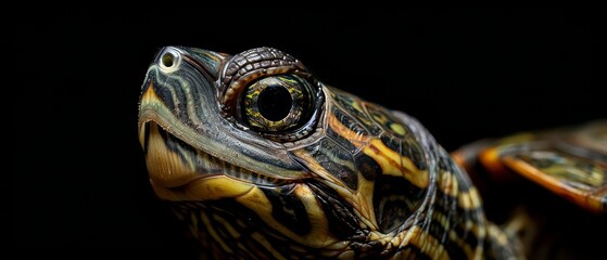 Obraz premium A turtle's presence is emphasized against the dark background, embodying resilience and timeless wisdom