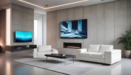 High end modern living room with white leather couch and a large flat screen tv mounted on the wall, brutalist architecture mixed with modern futuristic minimal design