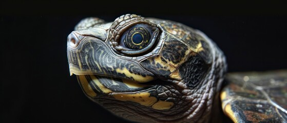 Obraz premium A turtle's presence is emphasized against the dark background, embodying resilience and timeless wisdom