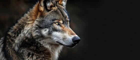 Naklejka premium wolf looks away, its majestic presence highlighted against the enveloping black background