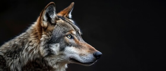 wolf looks away, its majestic presence highlighted against the enveloping black background