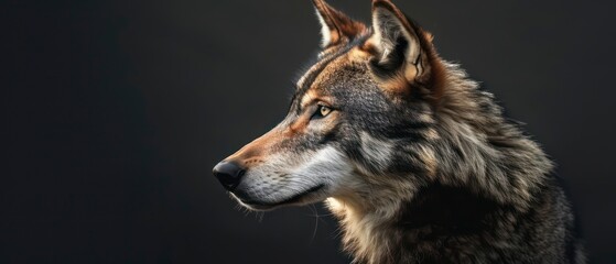 Obraz premium A wolf looks away, its majestic presence highlighted against the enveloping black background