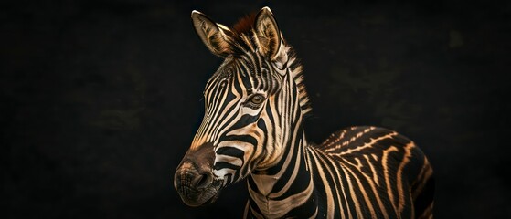 A zebra, poised and serene, looks away against the stark contrast of a black background