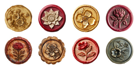 Collection of wax seal with flower pattern isolated on a transparent background, cut out, PNG