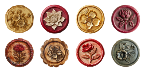 Collection of wax seal with flower pattern isolated on a transparent background, cut out, PNG