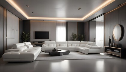 High end modern living room with white leather couch and a large flat screen tv mounted on the wall, brutalist architecture mixed with modern futuristic minimal design