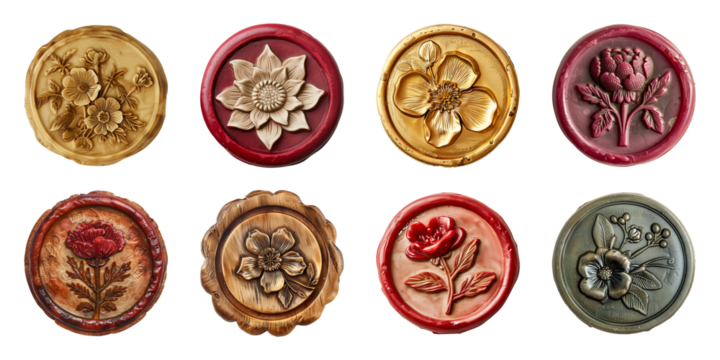 Collection of wax seal with flower pattern isolated on a transparent background, cut out, PNG