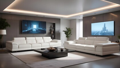 High end modern living room with white leather couch and a large flat screen tv mounted on the wall, brutalist architecture mixed with modern futuristic minimal design