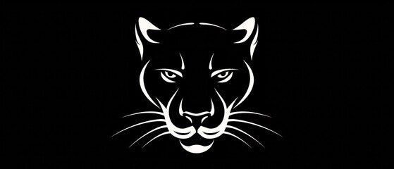 panther face logo design, white on a black simple shapes and lines, on black background