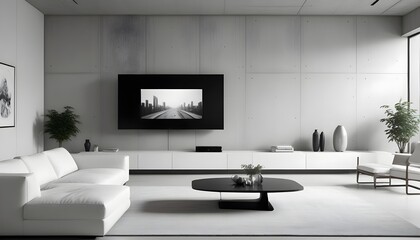 High end modern living room with white leather couch and a large flat screen tv mounted on the wall, brutalist architecture mixed with modern futuristic minimal design