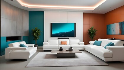 High end modern living room with white leather couch and a large flat screen tv mounted on the wall, brutalist architecture mixed with modern futuristic minimal design