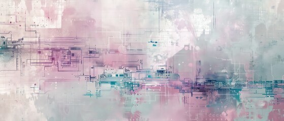 Obraz premium conceptual background featuring printed circuits and pastel painted textures, symbolizing a fusion of technology and art