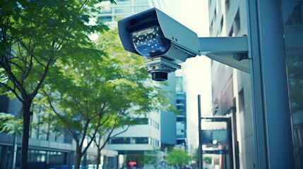 CCTV security camera in a city with business building on background