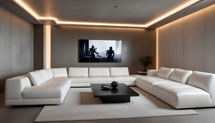High end modern living room with white leather couch and a large flat screen tv mounted on the wall, brutalist architecture mixed with modern futuristic minimal design