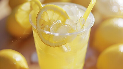 A cup of cold lemonade with ice and a straw in it