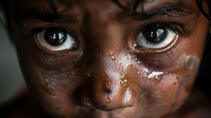 a child's tear-stained face, their eyes wide with fear and pain 