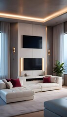 High end modern living room with white leather couch and a large flat screen tv mounted on the wall, brutalist architecture mixed with modern futuristic minimal design