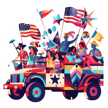 Labor Day parade with floats on a white background,