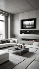 High end modern living room with white leather couch and a large flat screen tv mounted on the wall, brutalist architecture mixed with modern futuristic minimal design