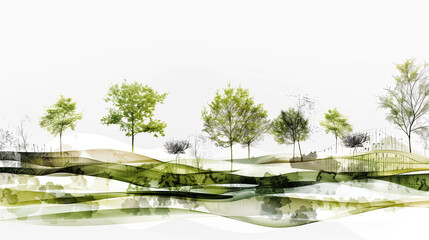 top view Abstract city landscape park design background with a place for text. watercolour sketches with shapes of trees, shrubs, flower