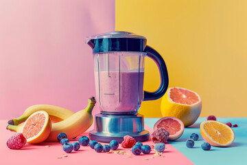 Berries smoothie in a glass blender in the kitchen with frozen fruit around. Healthy food for breakfast and snack.