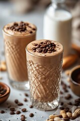Elegant coffee smoothie in a textured glass, enhanced with peanuts and coffee beans