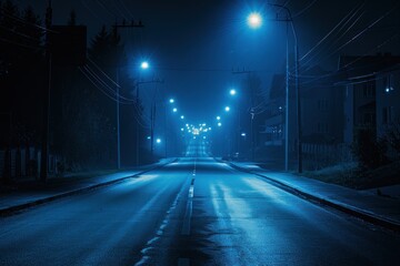 Dark evening street with an empty road, illuminated by lanterns. The scene feels cold and uncomfortable