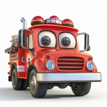 Fire truck with eyes , illustration 3 D, cartoon style.