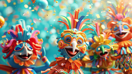 3D cartoon Rio Carnival with vibrant costumes