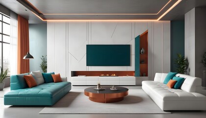 High end modern living room with white leather couch and a large flat screen tv mounted on the wall, brutalist architecture mixed with modern futuristic minimal design