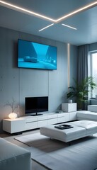 Fototapeta premium High end modern living room with white leather couch and a large flat screen tv mounted on the wall, brutalist architecture mixed with modern futuristic minimal design