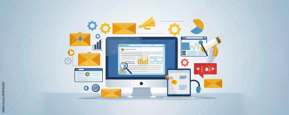 Poster a computer monitor with a lot of emails and other icons on it. the idea of the image is that of a bu
